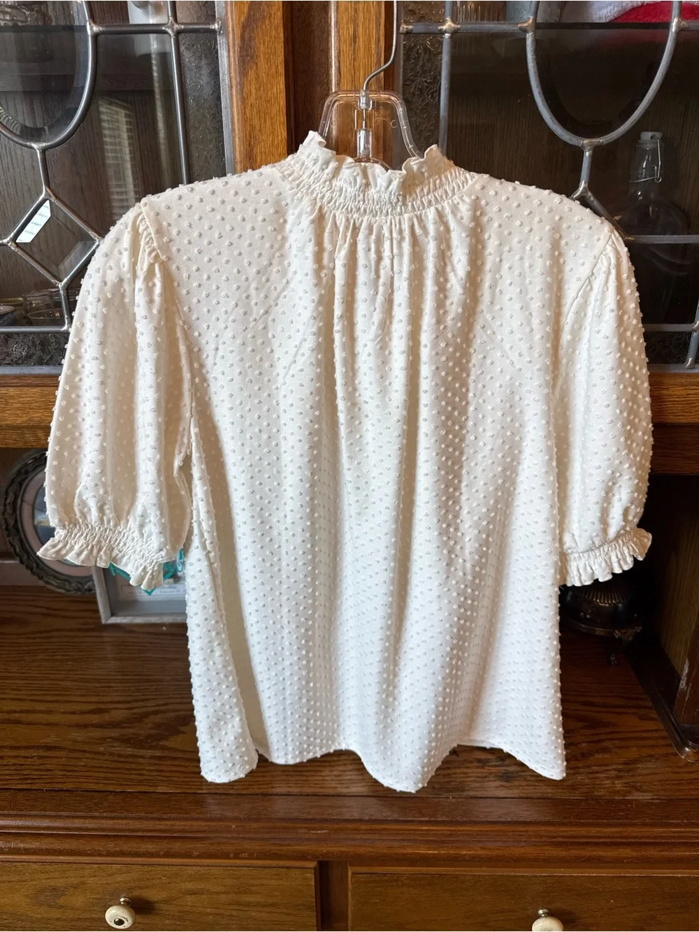J. Crew NWT Cream Swiss Dot Ruffle Neck Short Sleeve Top